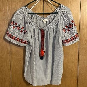 LOFT Pinstriped Embroidered Blouse
